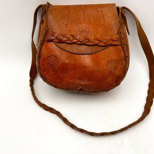Vintage‎ Hand Tooled Floral Pattern Leather Shoulder Bag Braided Strap